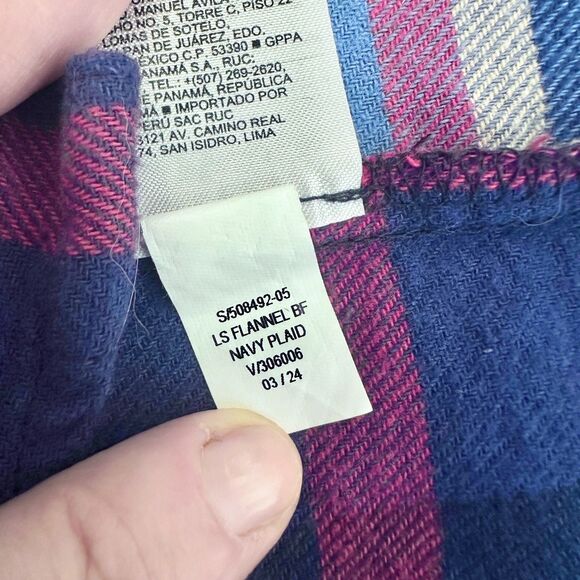 Old Navy Top Women M Navy Blue Pink Boyfriend Shirt Plaid Flannel Boho Cottage - Picture 5 of 8